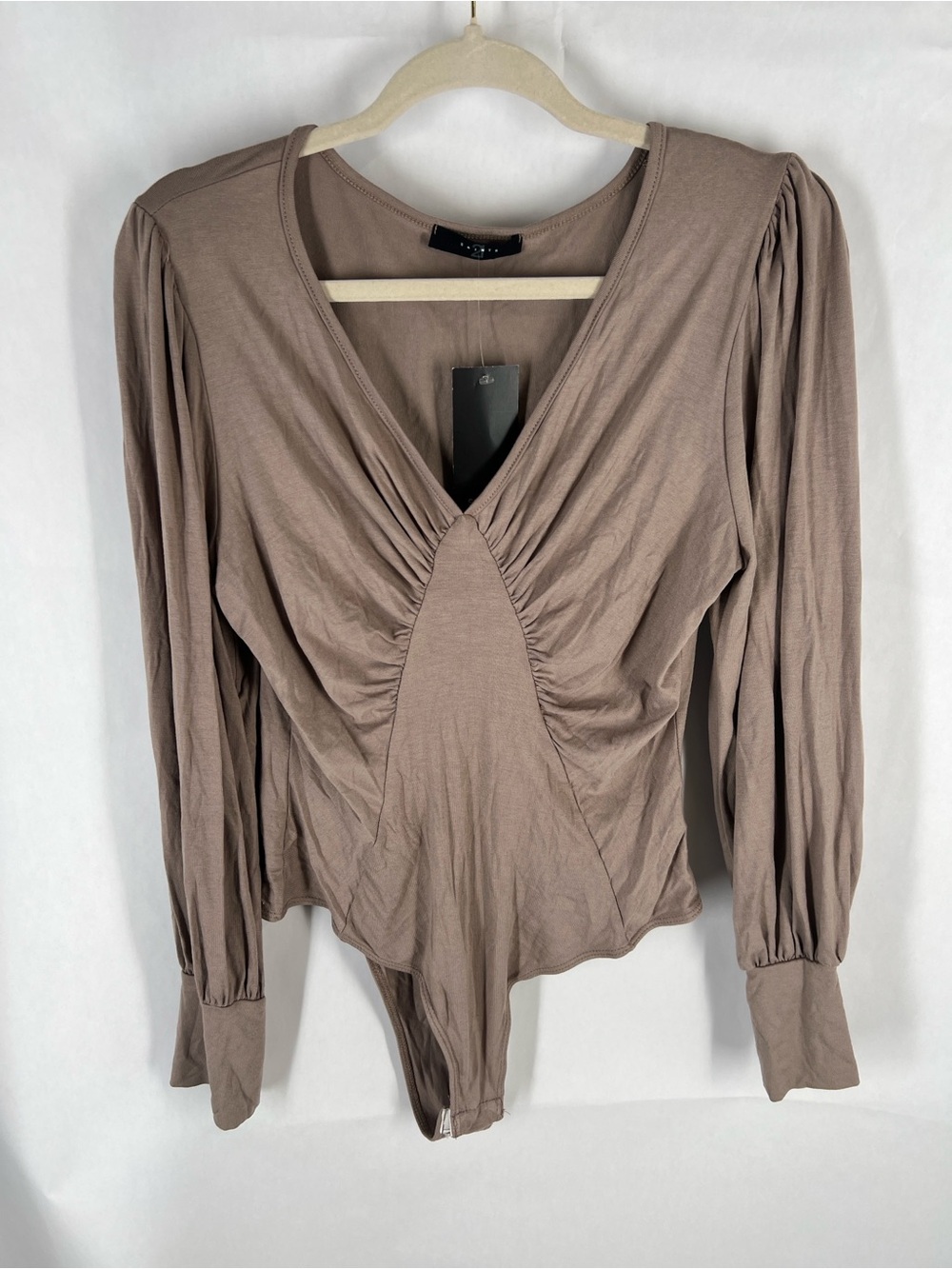 Long-Sleeve Taupe V-Neck Draped Bodysuit